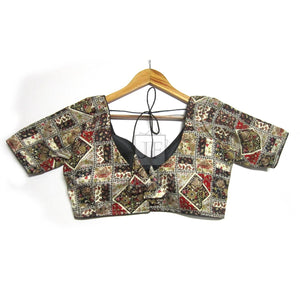 V-Neck Sabyasachi Saree Blouse: Designer Checks Pattern, Short Sleeves
