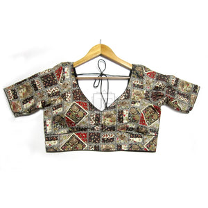 V-Neck Sabyasachi Saree Blouse: Designer Checks Pattern, Short Sleeves